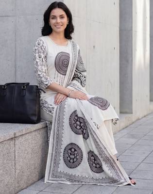 Off white printed pure cotton kurta trouser dupatta set 1