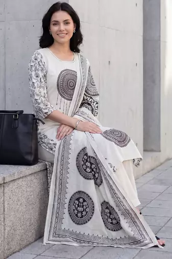 Off white printed pure cotton kurta trouser dupatta set