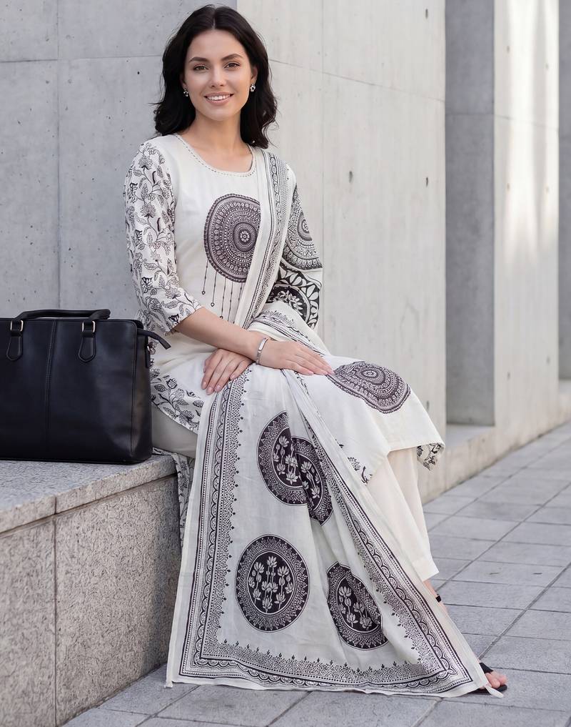 Off white printed pure cotton kurta trouser dupatta set