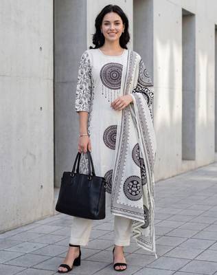 Off white printed pure cotton kurta trouser dupatta set 2