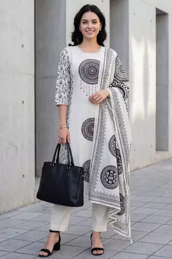 Off white printed pure cotton kurta trouser dupatta set