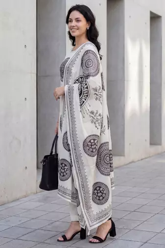 Off white printed pure cotton kurta trouser dupatta set
