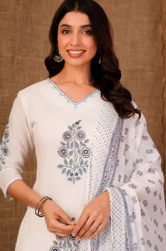 White printed pure cotton kurta trouser dupatta set