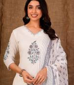 White printed pure cotton kurta trouser dupatta set