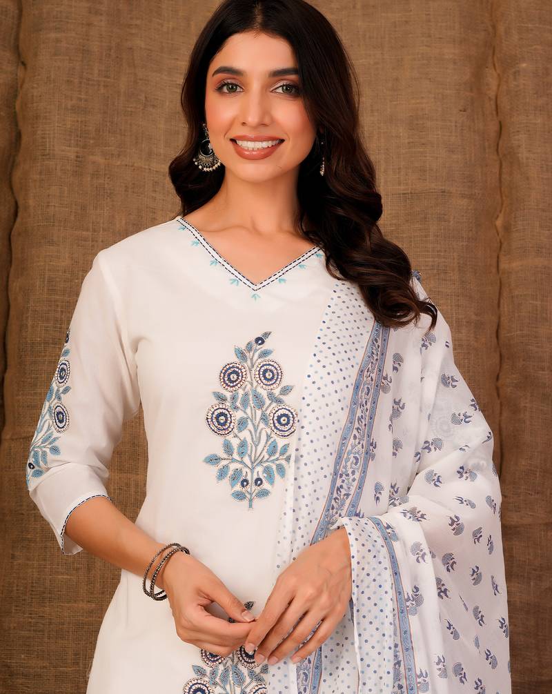 White printed pure cotton kurta trouser dupatta set