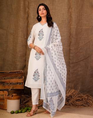 White printed pure cotton kurta trouser dupatta set 3