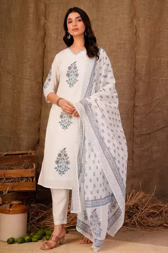 White printed pure cotton kurta trouser dupatta set