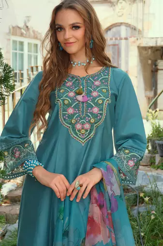 Blue embroidered liva kurta trouser dupatta set