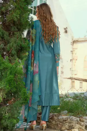 Blue embroidered liva kurta trouser dupatta set