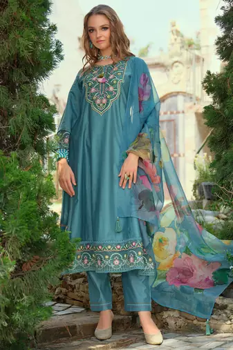 Blue embroidered liva kurta trouser dupatta set