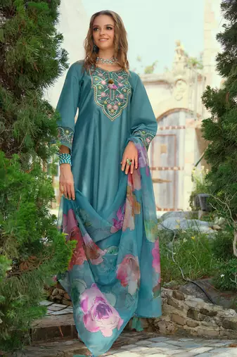 Blue embroidered liva kurta trouser dupatta set