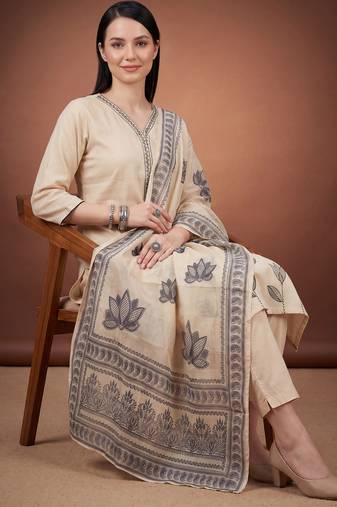 Cream printed silk blend kurta trouser dupatta set