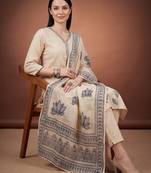 Cream printed silk blend kurta trouser dupatta set