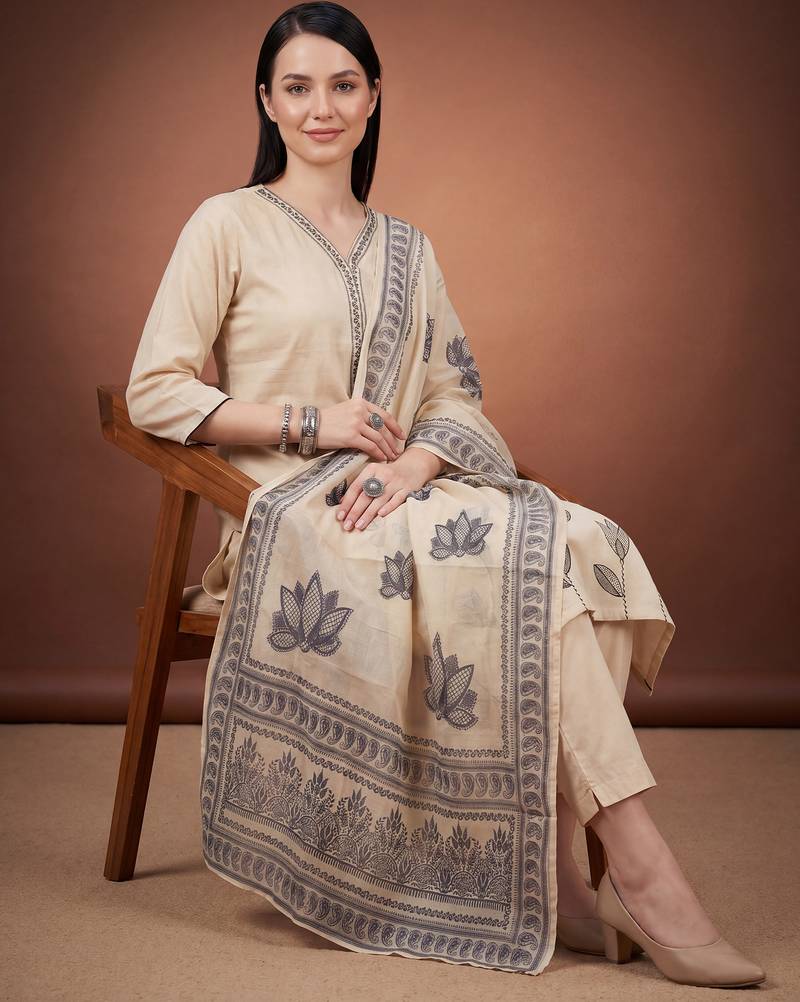 Cream printed silk blend kurta trouser dupatta set