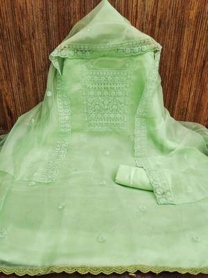 floral embroidered thread work organza unstitched dress material 2
