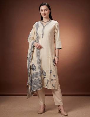 Cream printed silk blend kurta trouser dupatta set 2