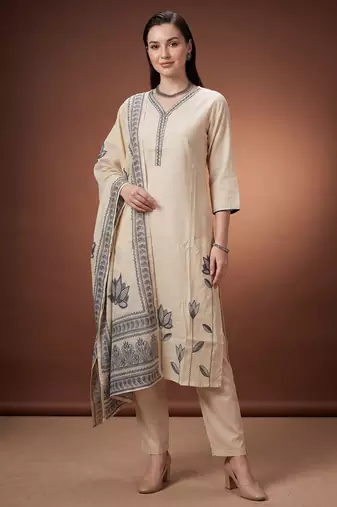 Cream printed silk blend kurta trouser dupatta set