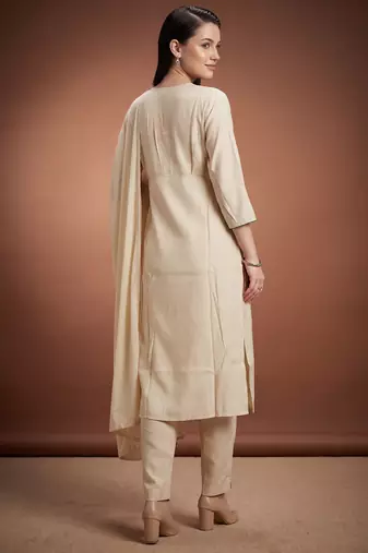 Cream printed silk blend kurta trouser dupatta set