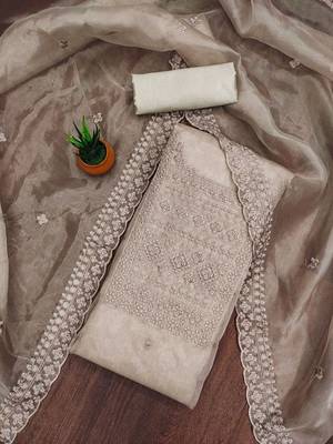 floral embroidered thread work organza unstitched dress material 1