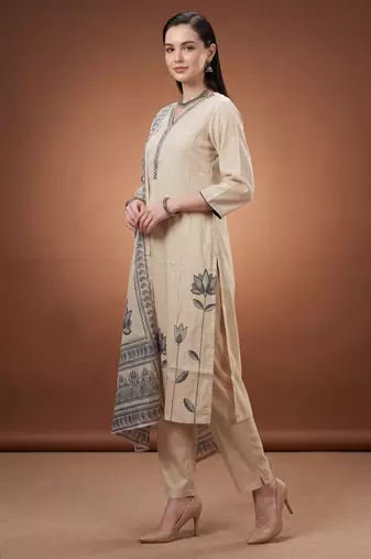 Cream printed silk blend kurta trouser dupatta set