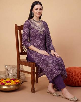 Purple embroidered pure cotton kurta trouser dupatta set 1