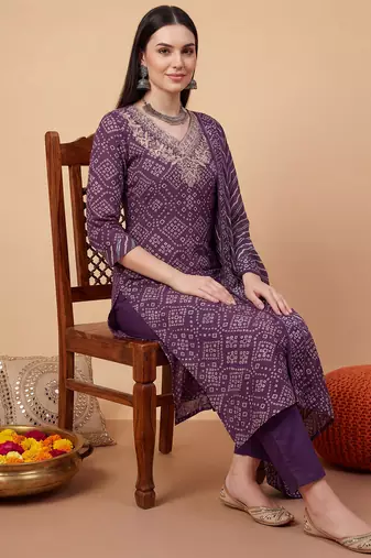 Purple embroidered pure cotton kurta trouser dupatta set
