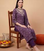 Purple embroidered pure cotton kurta trouser dupatta set