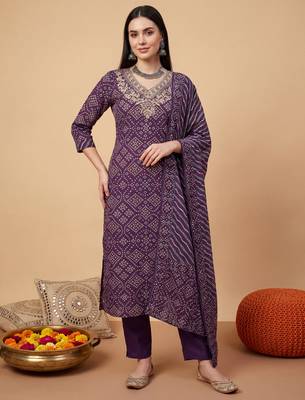 Purple embroidered pure cotton kurta trouser dupatta set 2