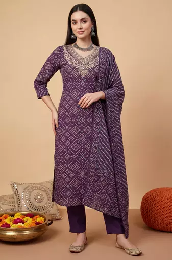 Purple embroidered pure cotton kurta trouser dupatta set