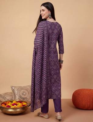 Purple embroidered pure cotton kurta trouser dupatta set 3