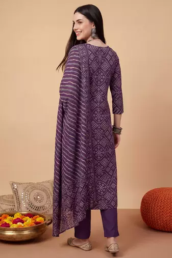 Purple embroidered pure cotton kurta trouser dupatta set