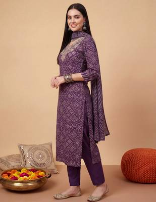 Purple embroidered pure cotton kurta trouser dupatta set 4