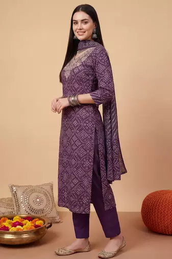 Purple embroidered pure cotton kurta trouser dupatta set