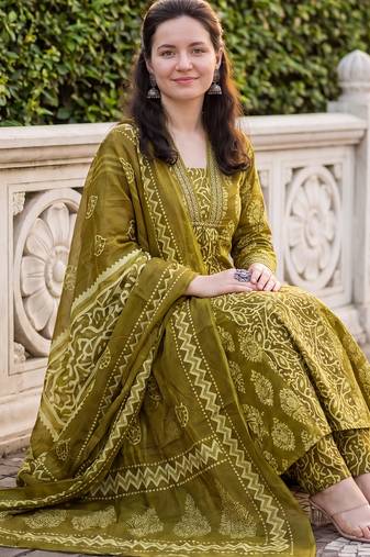 Green printed pure cotton kurta trouser dupatta set