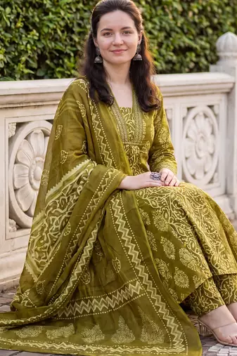 Green printed pure cotton kurta trouser dupatta set