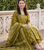 Green printed pure cotton kurta trouser dupatta set