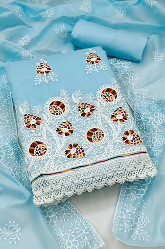 blue & white embroidered cotton unstitched dress material