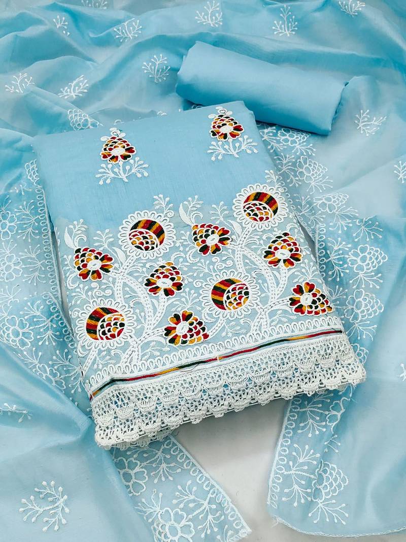 Blue & White Embroidered Cotton Unstitched Dress Material