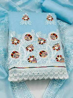 blue & white embroidered cotton unstitched dress material 2