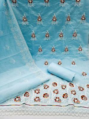 blue & white embroidered cotton unstitched dress material 3