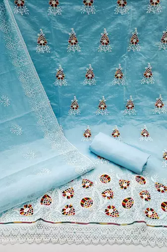 blue & white embroidered cotton unstitched dress material