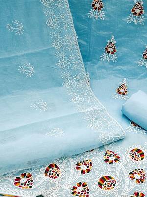 blue & white embroidered cotton unstitched dress material 4