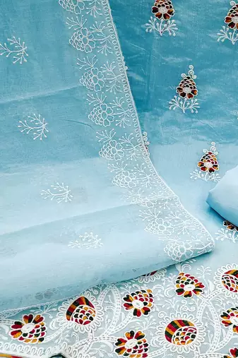 blue & white embroidered cotton unstitched dress material