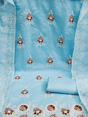 blue & white embroidered cotton unstitched dress material 5