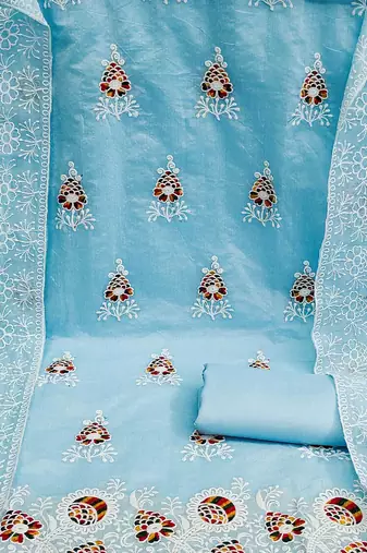 blue & white embroidered cotton unstitched dress material