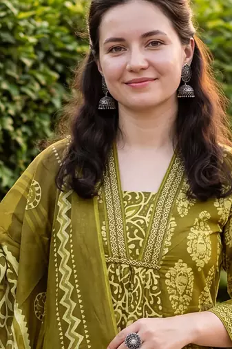 Green printed pure cotton kurta trouser dupatta set