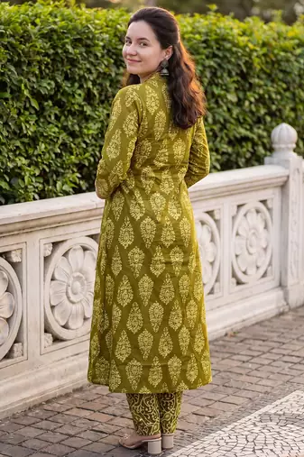 Green printed pure cotton kurta trouser dupatta set