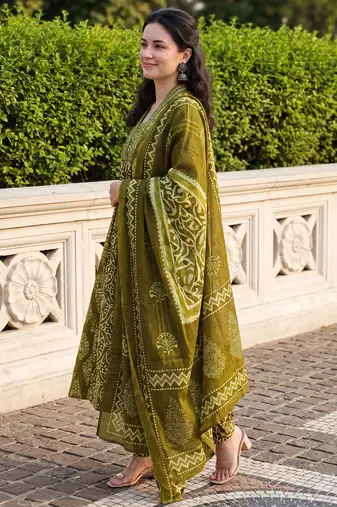 Green printed pure cotton kurta trouser dupatta set