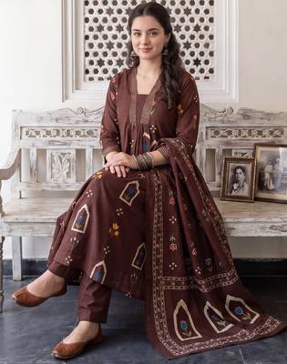Brown printed pure cotton kurta trouser dupatta set 1