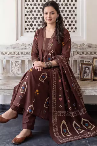 Brown printed pure cotton kurta trouser dupatta set